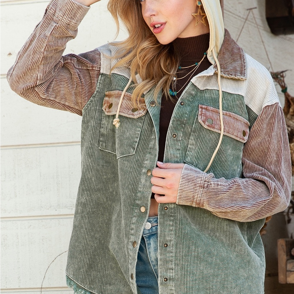 Buckle Gilded Intent Women Multi Washed Colorblock Hooded Snap Corduroy Jacket L